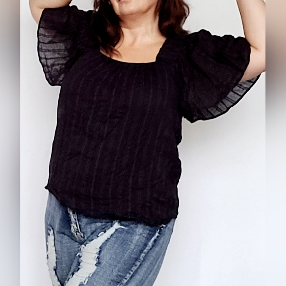 Zac&Rachel Women Top Blouse Cotton/Rayon Layered Square Neck Flowy Black 1X - Picture 5 of 16